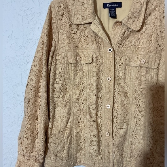 Denim & Co Buttery Yellow Lace Overlay Cotton Button Down Jacket Size Large - Picture 5 of 7